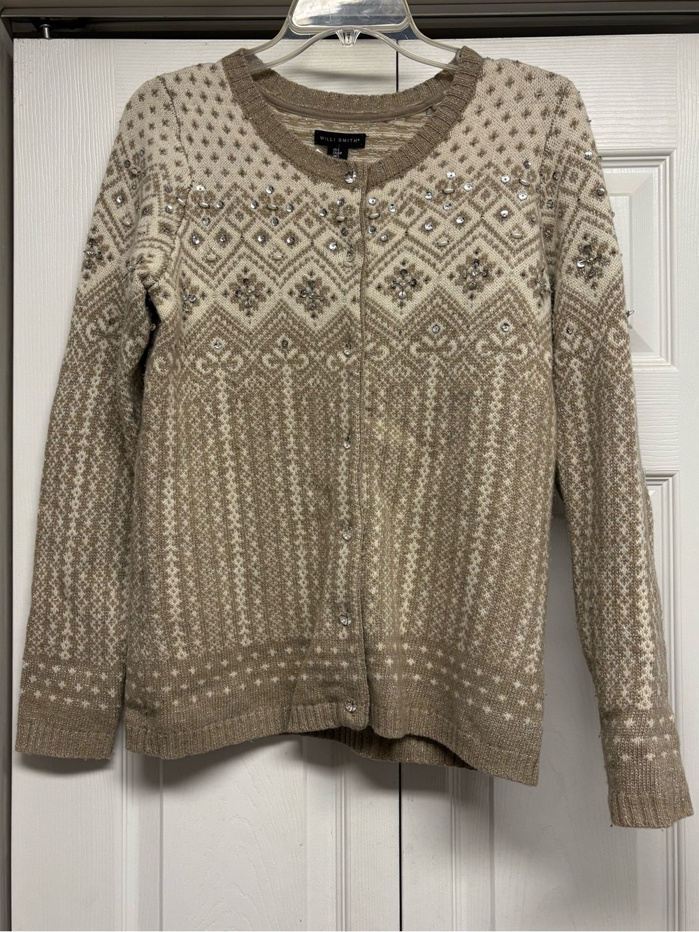 Willi Smith Taupe and Cream Fair Isle Cardigan with Sequins